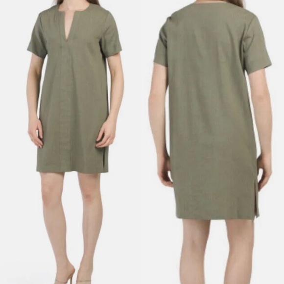 Theory Military Olive Green Slit Front Caliver Short Sleeve Shift Dress Small - Picture 1 of 3